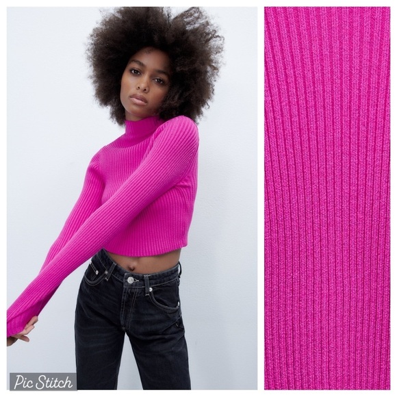 NWOT. Zara Pink Cropped Mock Neck Sweater. Size M. - Picture 1 of 7